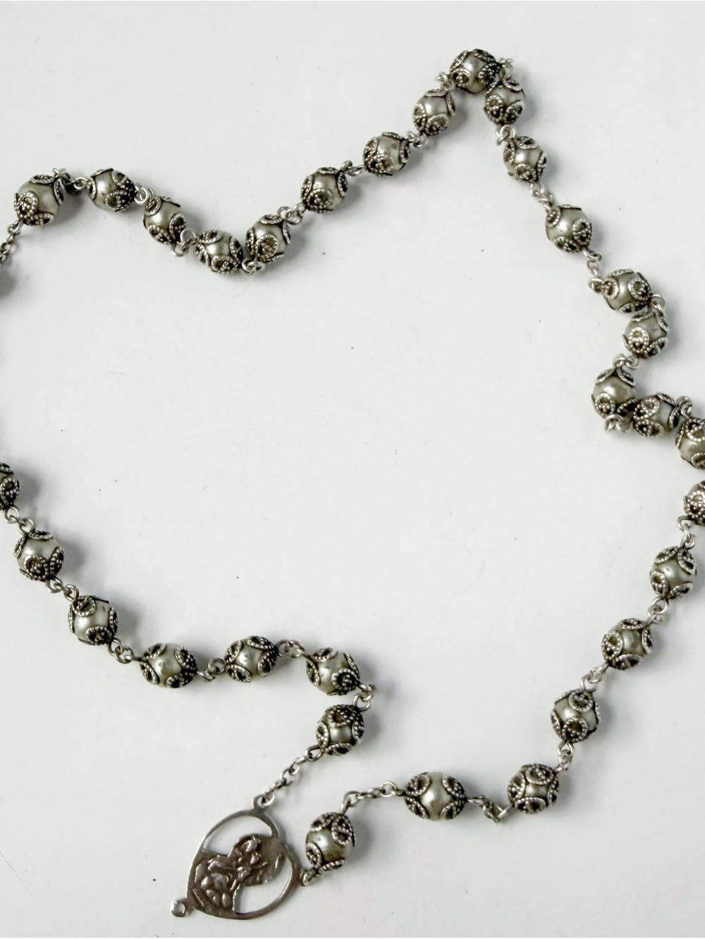 Vintage Sterling Silver Rosary Capped Faux Pearls Jesus Sacred Heart AS IS FLAWS - Picture 5 of 11